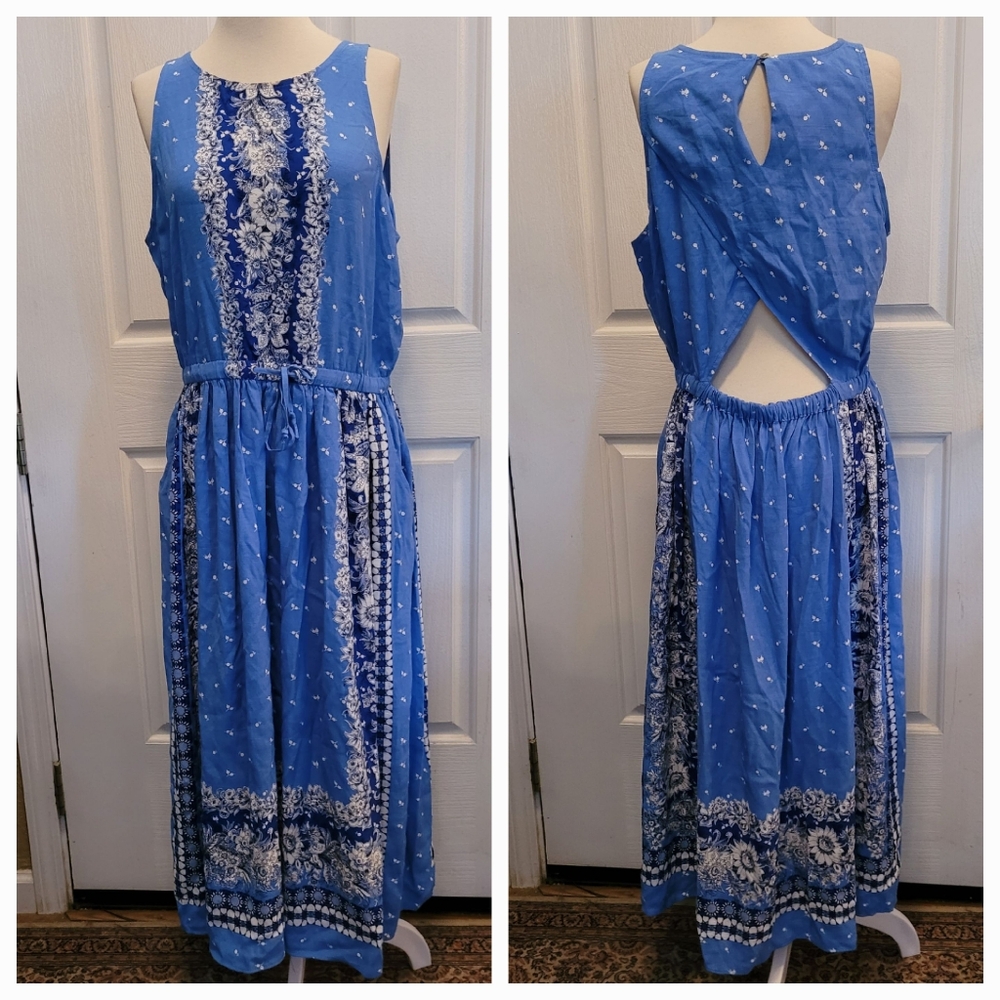 Ann Taylor Loft Summer Dress Large Open Back Beachy Cottagecore Floral Print
